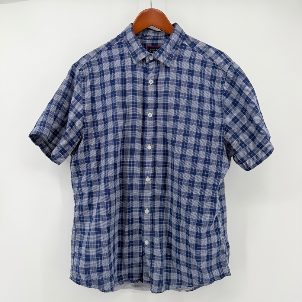 UNTUCKit Mens Large Slim Fit Zuccardi Button Down Shirt Navy Plaid Short Sleeve